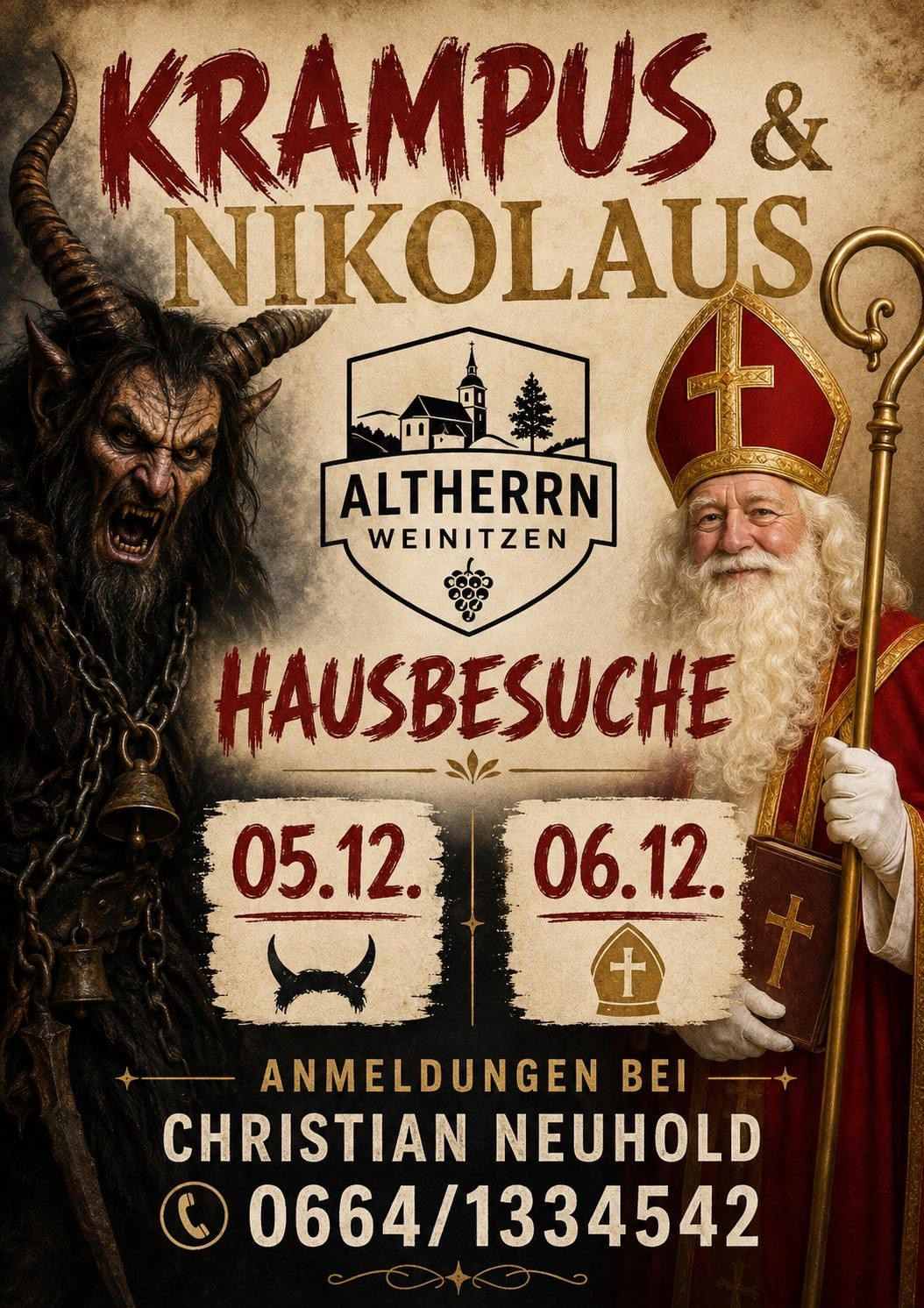 Krampus und Nikolaus Hausbesuche in Altherrn Weinitzen am 5. und 6. Dezember.